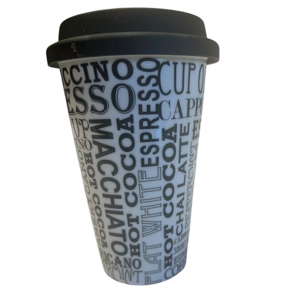 Ciroa Porcelain Travel Mug Coffee Typography Black White Silicone Lid Reusable - Picture 3 of 9